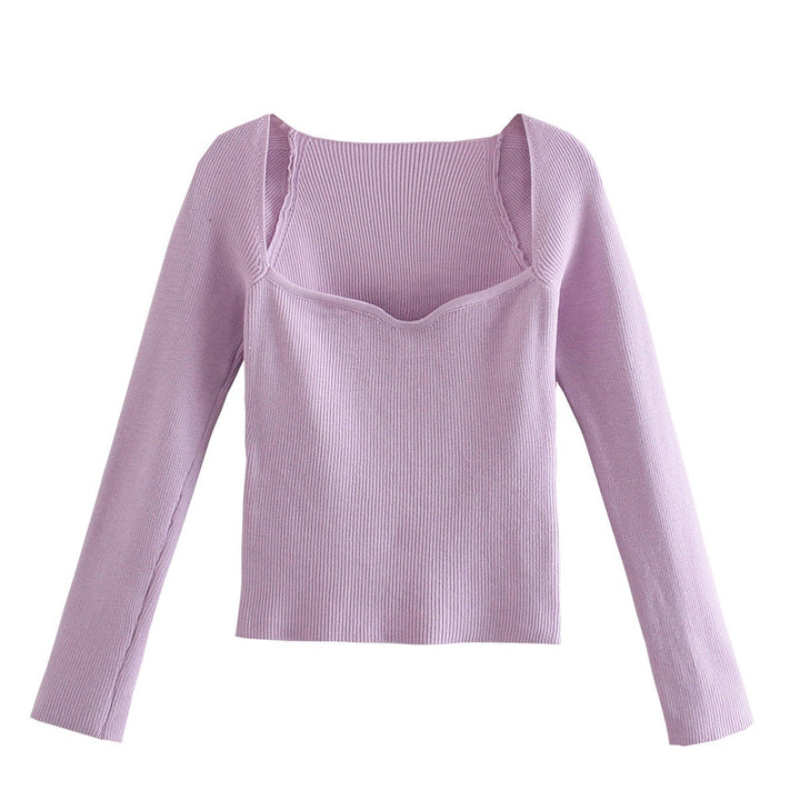 Lila Damen Slimfit Top, gerippt, langärmlig, quadratischer Ausschnitt, modisch, bequem.