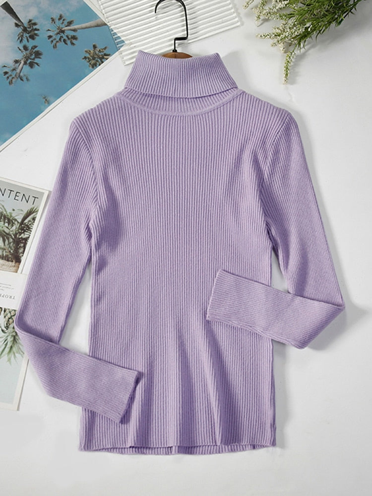 Lila Rollkragenpullover Damen, gerippt, langärmelig, modisch, Herbstmode, Baumwolle.
