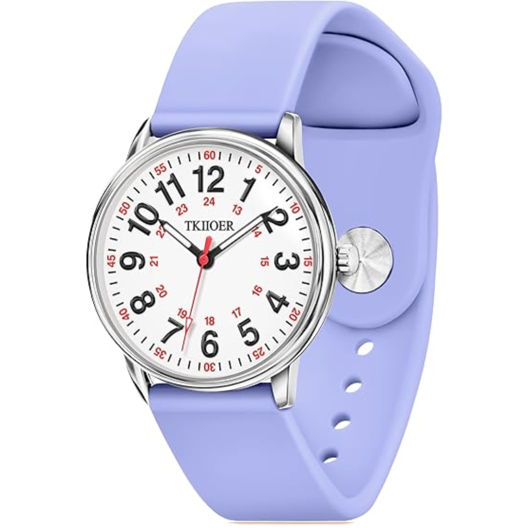 Lila Armbanduhr mit weißem Zifferblatt, Edelstahlgehäuse, Silikonarmband, modisch, analog.
