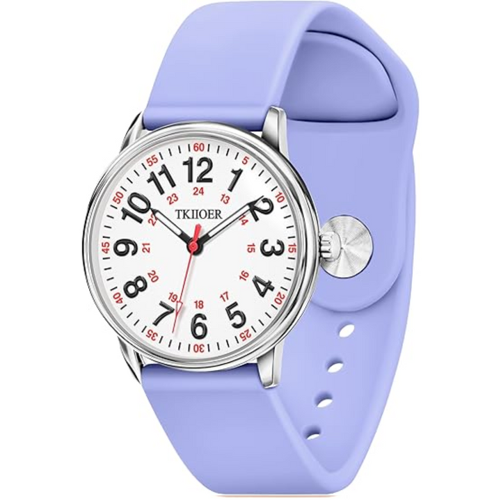 Lila Armbanduhr mit weißem Zifferblatt, Edelstahlgehäuse, Silikonarmband, modisch, analog.