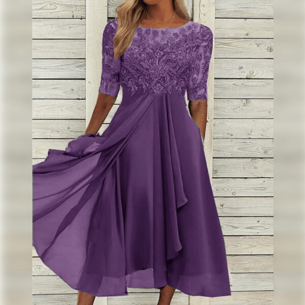 Lila Abendkleid Damen, Spitze, knielang, elegant, festlich, 3/4-Ärmel, fließend.
