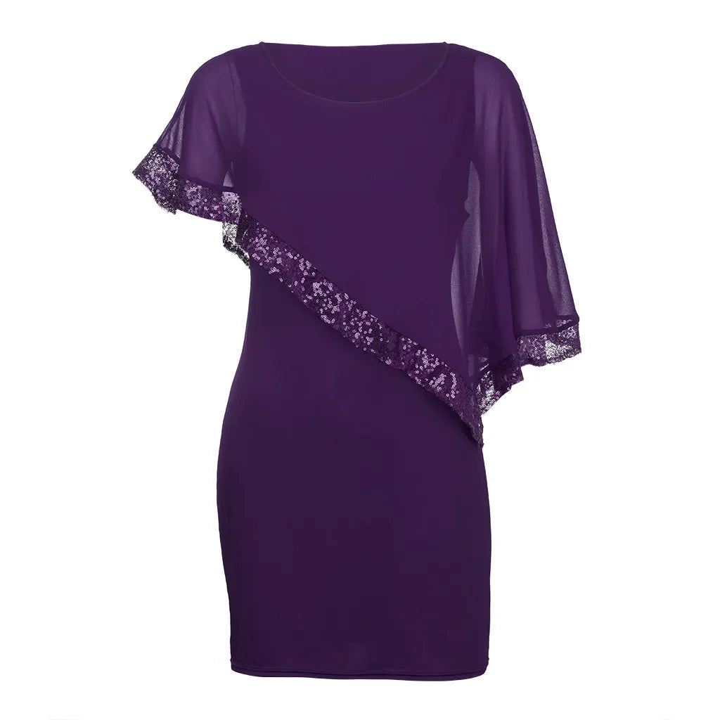 Lila Damenkleid mit Spitze, asymmetrischer Schnitt, elegantes Abendkleid, Chiffon, knielang.