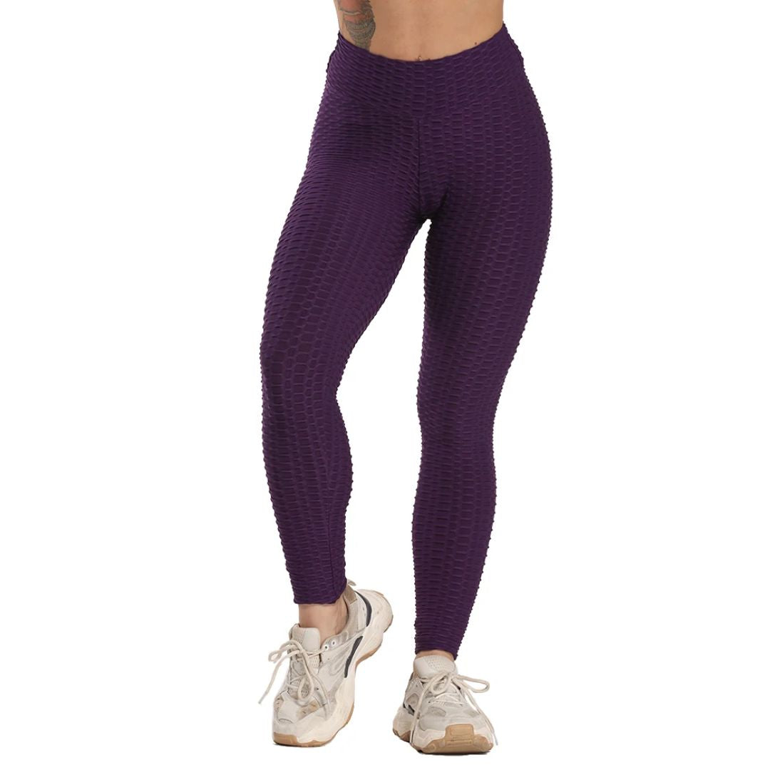 Lila Damen-Leggings, nahtlos, strukturierte Textur, ideal für Fitness und Yoga.