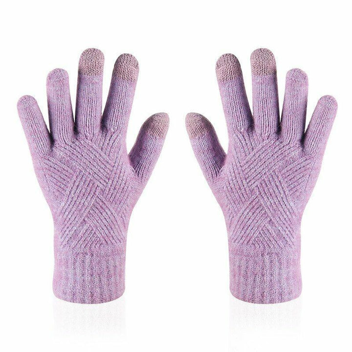 Lila Touchscreen-Handschuhe, gestrickt, warm, für Damen, Wintermode, Smartphone-kompatibel.