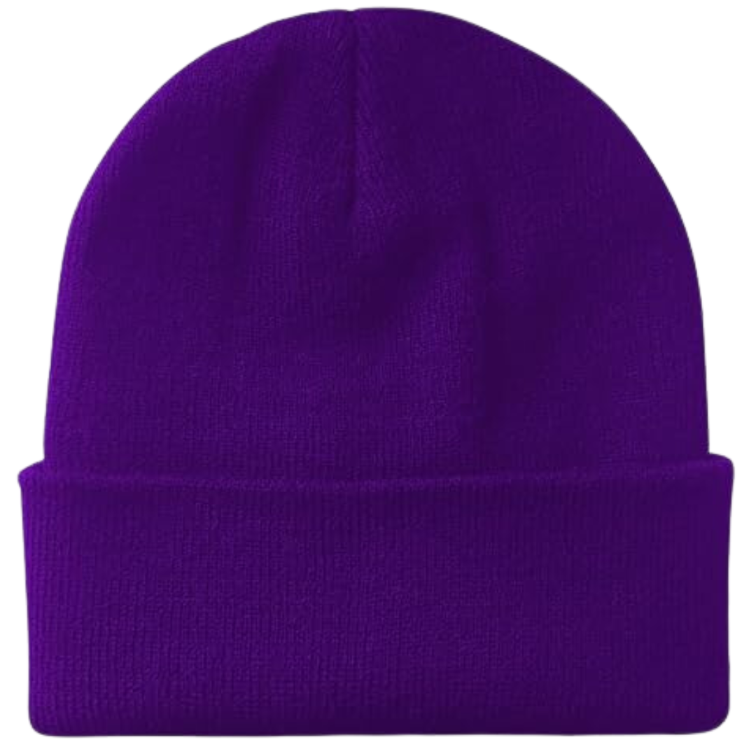 Lila Strickmütze aus Wolle, Unisex Wintermode, warme Beanie, modisches Accessoire.