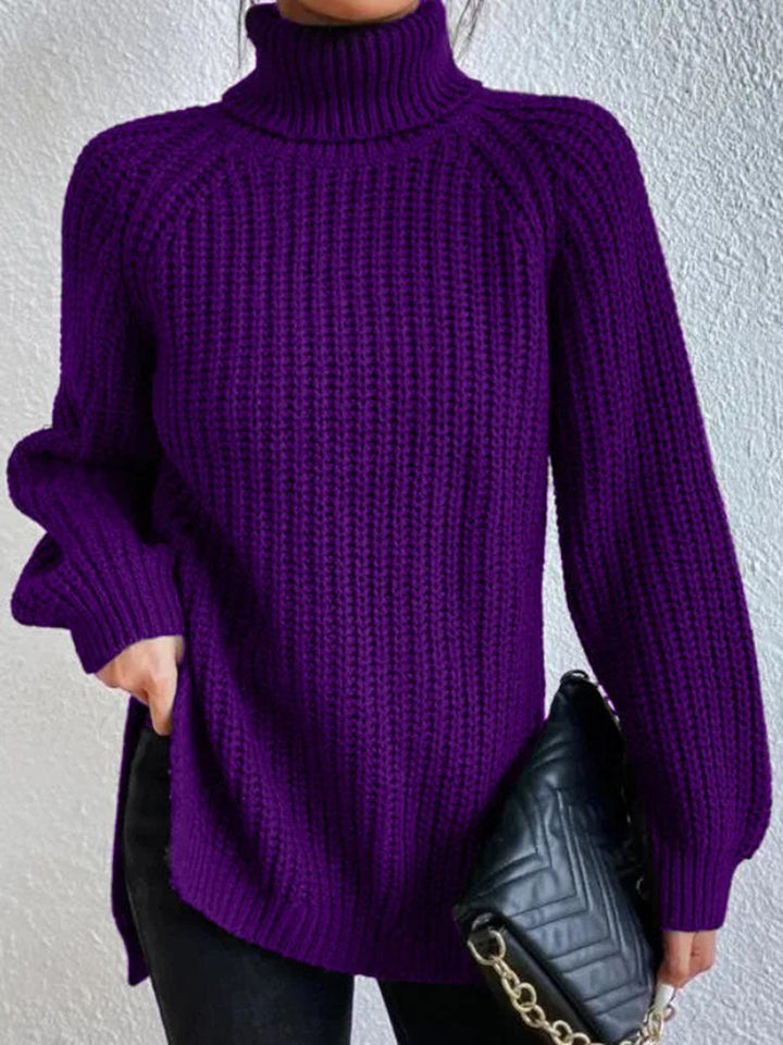 Lila Rollkragenpullover Damen, Strick, warm, modisch, Wintermode, gemütlich, elegant.