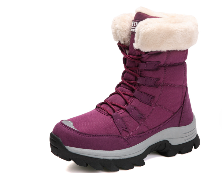 Lila Damen-Winterstiefel mit Kunstfellfutter, rutschfeste Sohle, warm und wasserdicht.