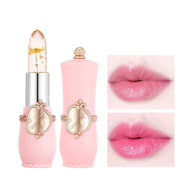Rosa Lippenstift mit Blüten, transparent, feuchtigkeitsspendend, luxuriöses Design, Nahaufnahme.