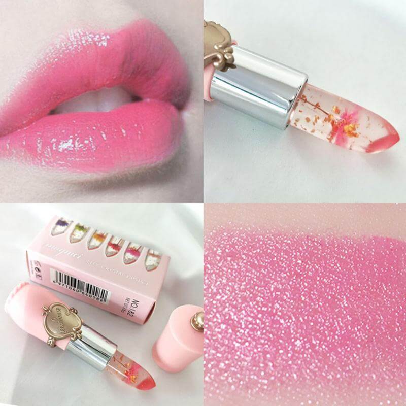Transparenter Lippenstift mit Blume, rosa Verpackung, feuchtigkeitsspendend, langlebig.