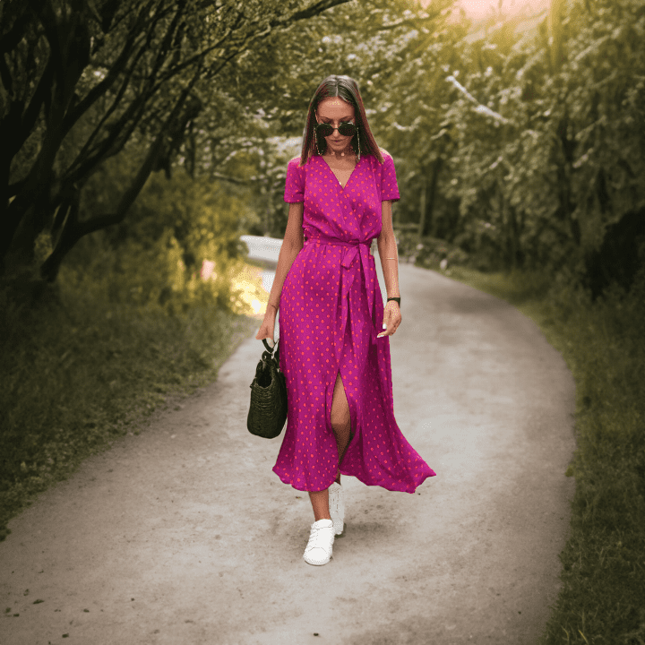 Frau in rotem Sommerkleid mit Punkten, trägt Sonnenbrille, spaziert auf Waldweg.