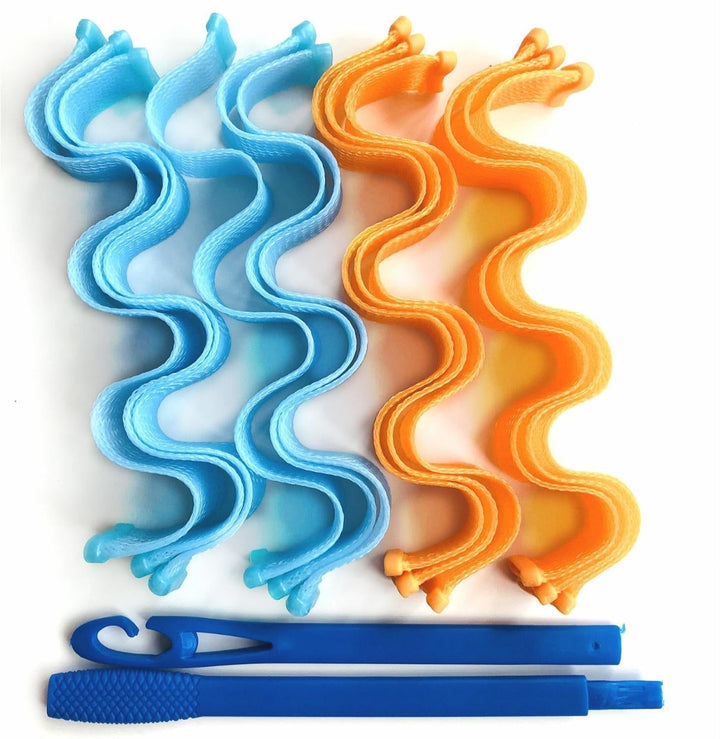 Lockenwickler Set in Blau und Orange, Kunststoff, Haarstyling, mit Haken, wellenförmig.