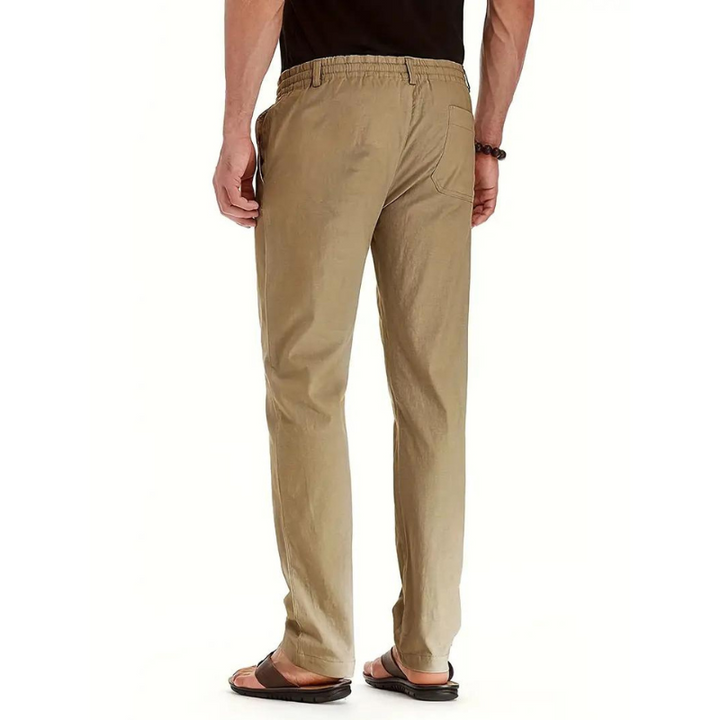 Beige Herrenhose, locker geschnitten, elastischer Bund, Freizeithose, Baumwolle.