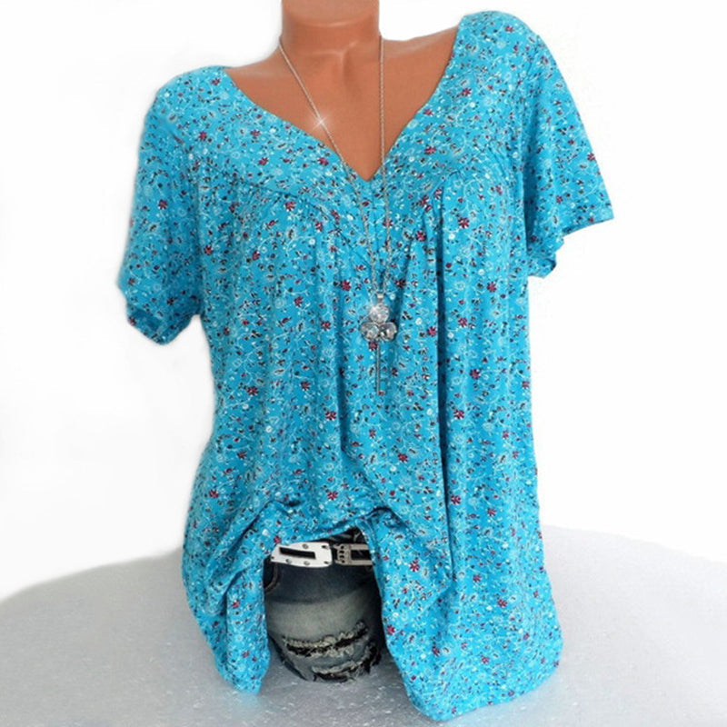 Blaues V-Ausschnitt T-Shirt mit Blumenmuster, kurzärmelig, lässig, Damenmode.