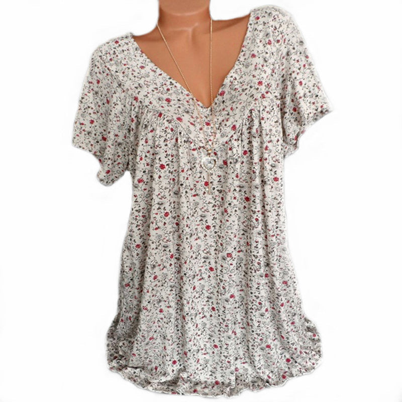 Lockeres, lässiges Damen T-Shirt mit V-Ausschnitt, Blumenmuster, kurzarm, weiß.