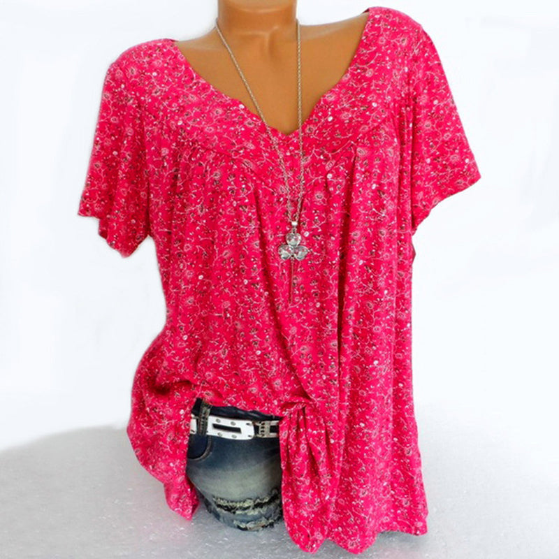 Rotes Damen V-Ausschnitt T-Shirt mit Blumenmuster, kurzarm, lässig, Sommermode.