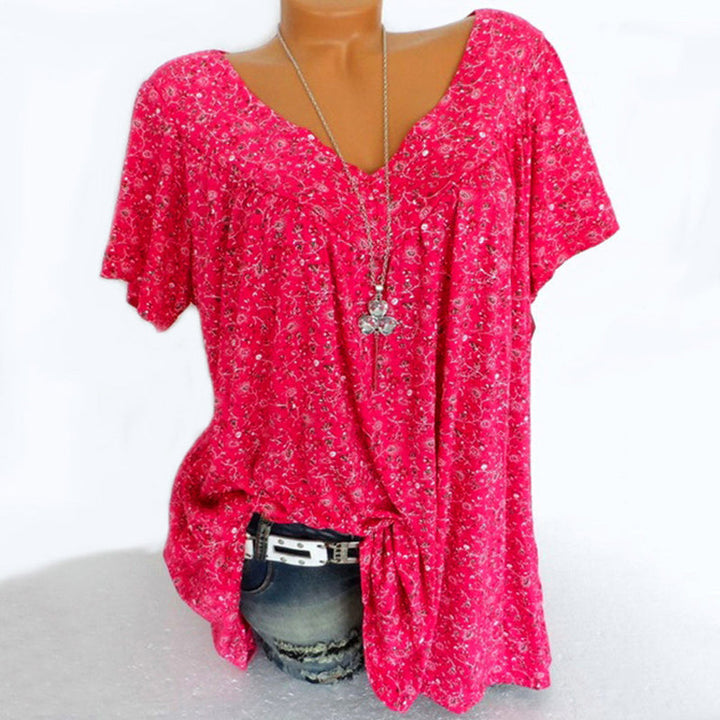 Rotes Damen V-Ausschnitt T-Shirt mit Blumenmuster, kurzarm, lässig, Sommermode.