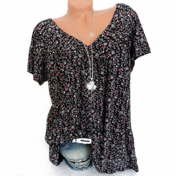 Schwarzes Damen V-Ausschnitt T-Shirt mit Blumenmuster, lässig, kurzarm, Baumwolle.
