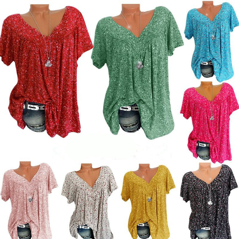 Buntes Damen V-Ausschnitt T-Shirt, kurzarm, lässig, Baumwolle, ideal für Sommermode.