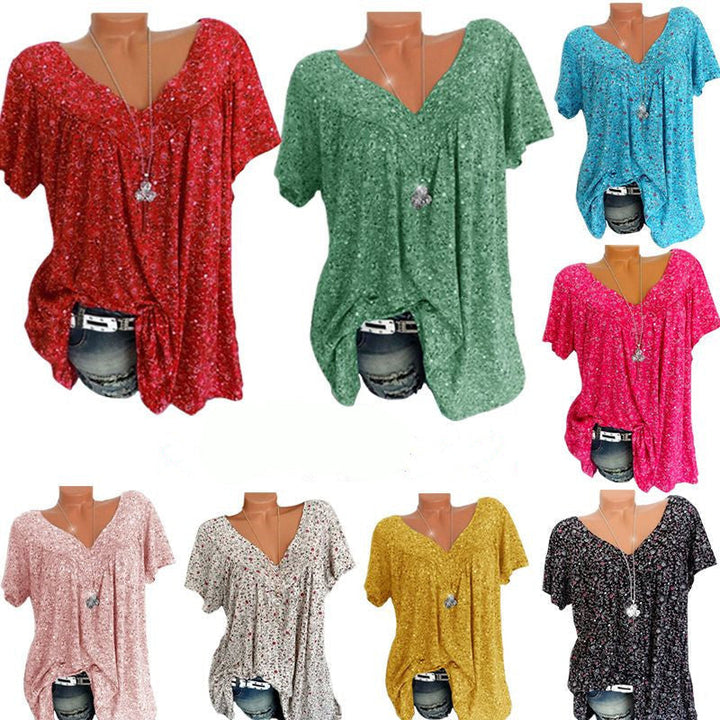Buntes Damen V-Ausschnitt T-Shirt, kurzarm, lässig, Baumwolle, ideal für Sommermode.