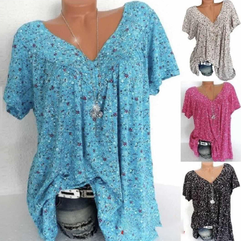 Blaues V-Ausschnitt T-Shirt Damen, kurzarm, lässig, florales Muster, Sommermode.