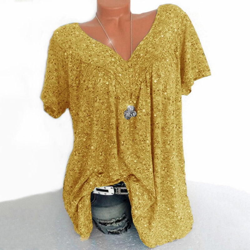 Gelbes Damen V-Ausschnitt T-Shirt, kurzarm, lässig, mit Blumenmuster, ideal für Sommer.