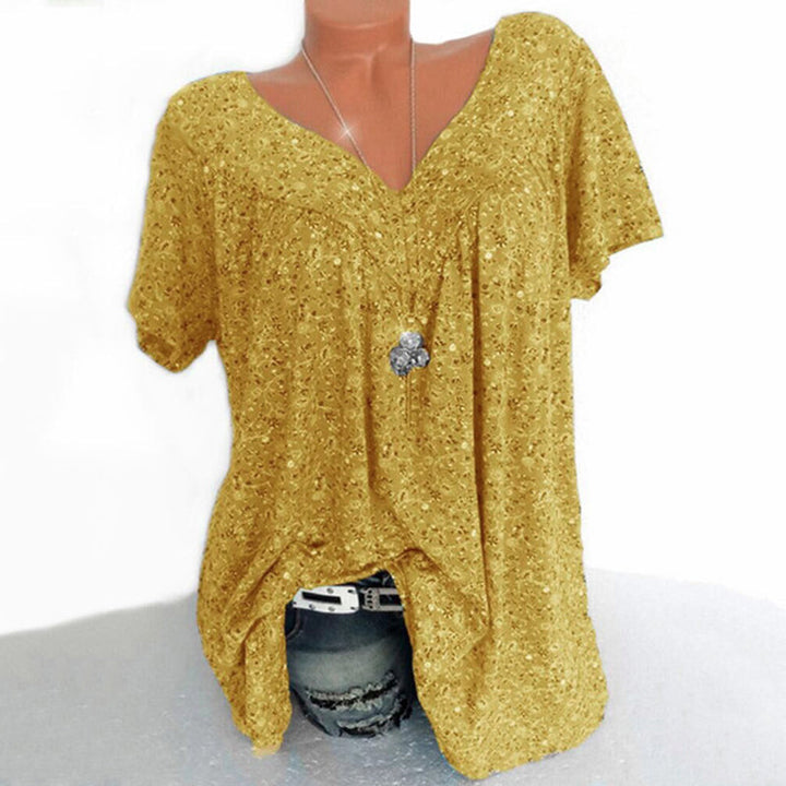 Gelbes Damen V-Ausschnitt T-Shirt, kurzarm, lässig, mit Blumenmuster, ideal für Sommer.