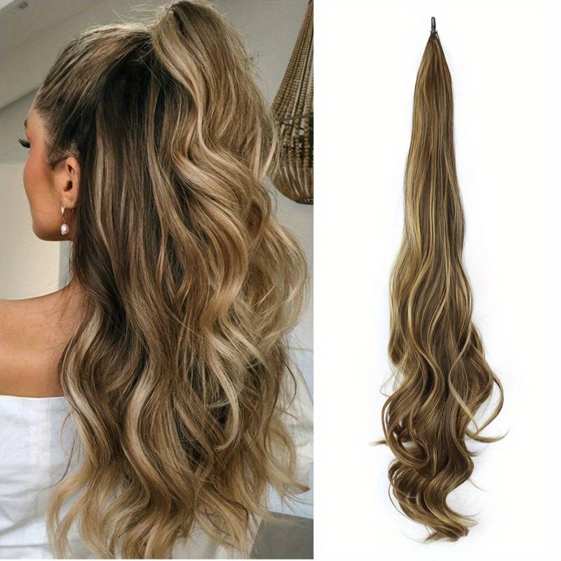 Blonde Clip-In-Pferdeschwanzverlängerung, wellig, synthetisch, lang, Haarteil für Frauen.