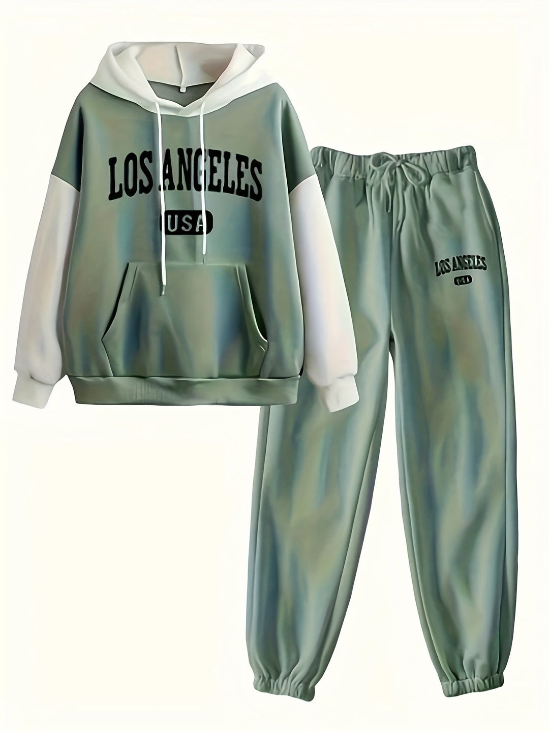 Grüner Hoodie und Jogginghose Set mit "Los Angeles USA" Aufdruck, Unisex, Freizeitmode.