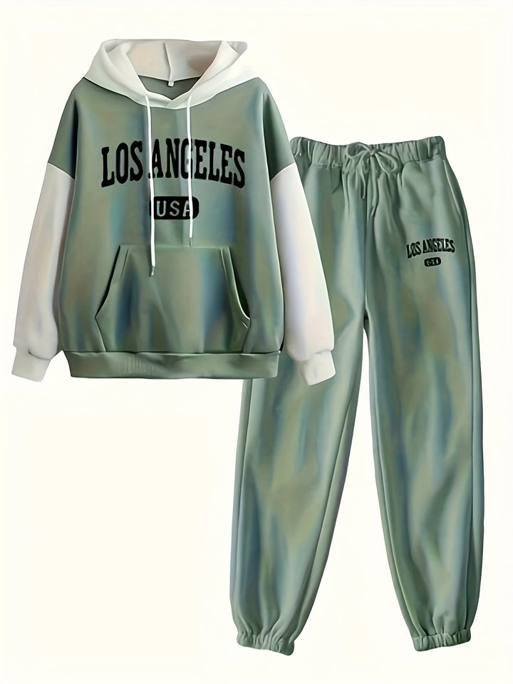 Grüner Hoodie und Jogginghose Set mit "Los Angeles USA" Aufdruck, Unisex, Freizeitmode.