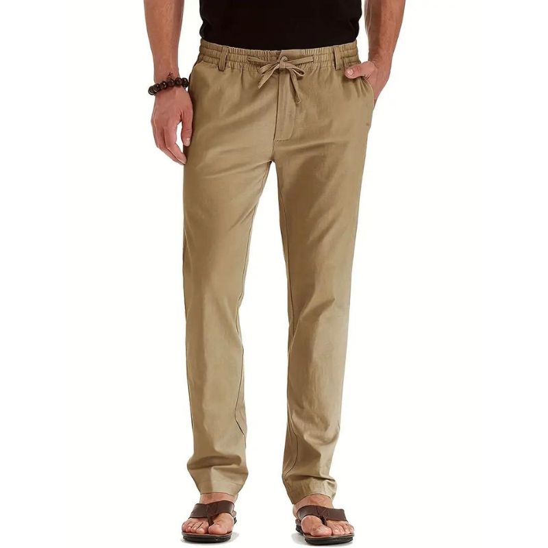 Beige Herren-Lose-Fit-Hose mit elastischem Bund, Kordelzug, Baumwolle, lässig, bequem.