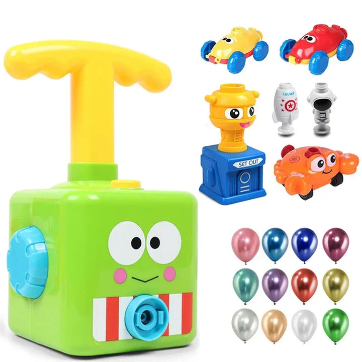 Grünes Luftballon-Auto-Spielzeugset mit Pumpstation, bunten Autos und Ballons für Kinder.