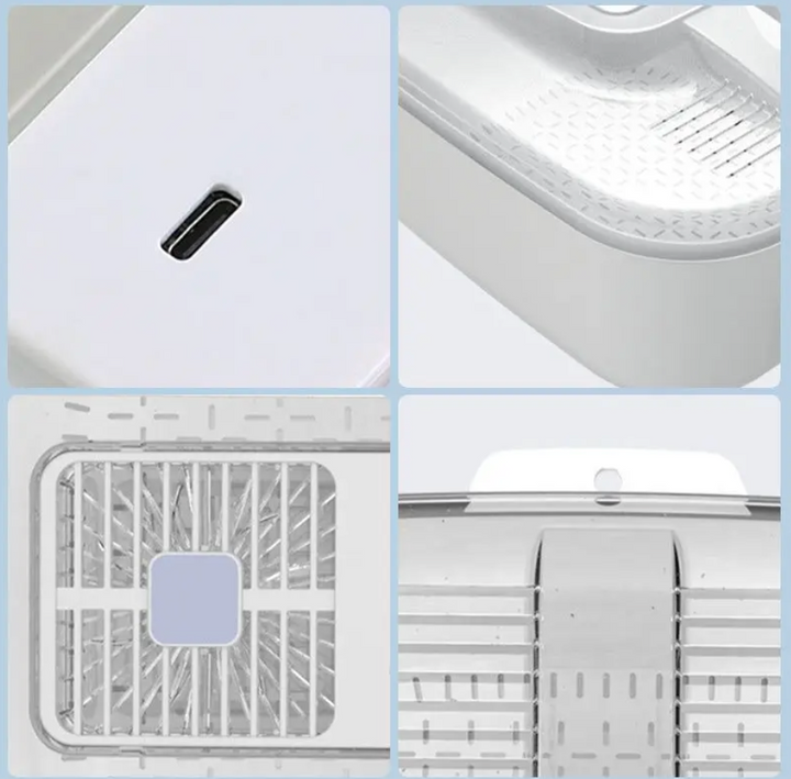 Weißer Luftreiniger mit USB-Anschluss, Kunststoffgehäuse, modernes Design, Nahaufnahme.