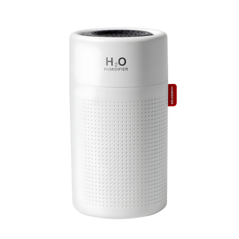 Weißer Luftbefeuchter H2O, zylindrisch, tragbar, modernes Design, für Raumklima-Optimierung.