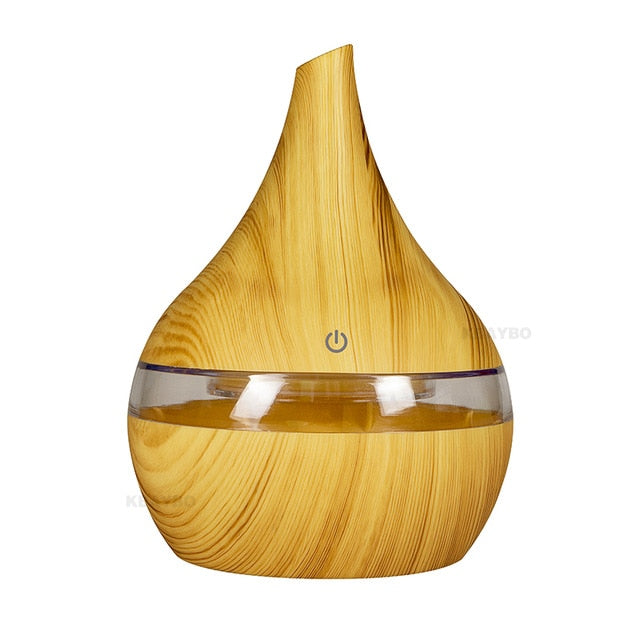 Luftbefeuchter Holzoptik, LED, Aromadiffuser, Tropfenform, modernes Design, Raumduftgerät.