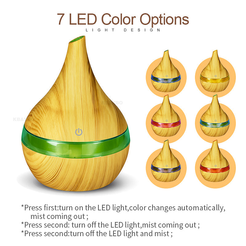 Holzoptik Luftbefeuchter mit 7 LED-Farben, Aromadiffuser, modernes Design, energiesparend.