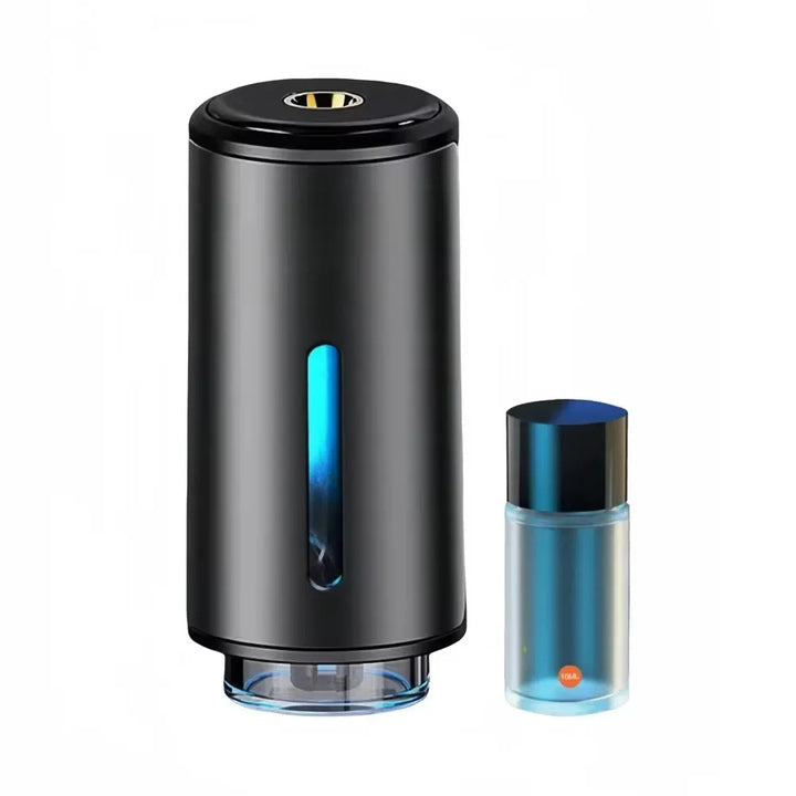Schwarzer elektrischer Aroma-Diffusor mit blauer LED und Duftölflasche, modern und stilvoll.