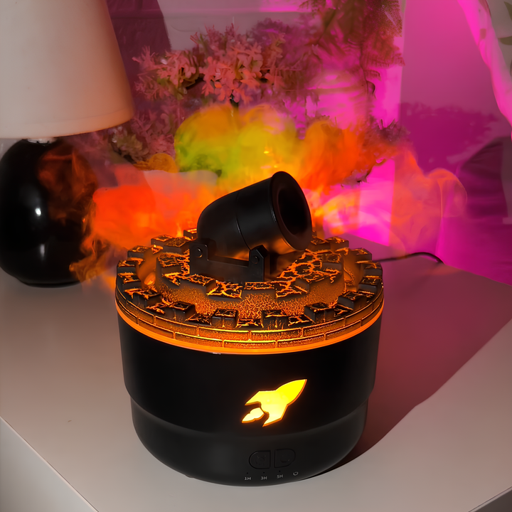Schwarzer LED-Projektor mit orangefarbenem Licht und Nebel, dekorative Beleuchtung, modern.