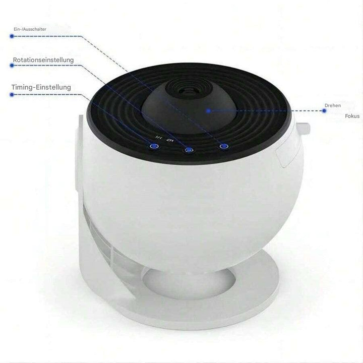 Weiße Aromatherapie-Lampe mit Rotations- und Timing-Einstellungen, modernes Design.