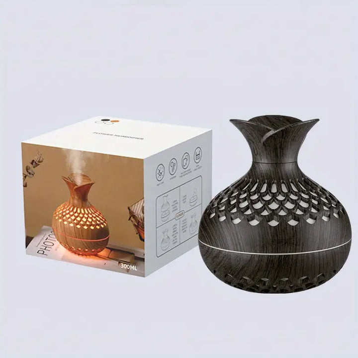 Luftbefeuchter Vase Holzoptik, 300ml, LED-Beleuchtung, Aromadiffusor, dekorativ, modern.