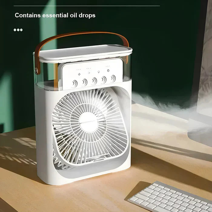 Weißer tragbarer Ventilator mit ätherischen Ölen, LED-Anzeige, Ledergriff, Tischventilator.