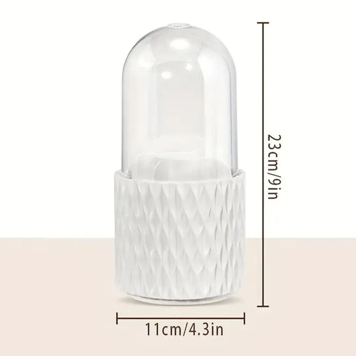 Weißer Luftbefeuchter mit transparentem Deckel, 23 cm hoch, modernes Design.