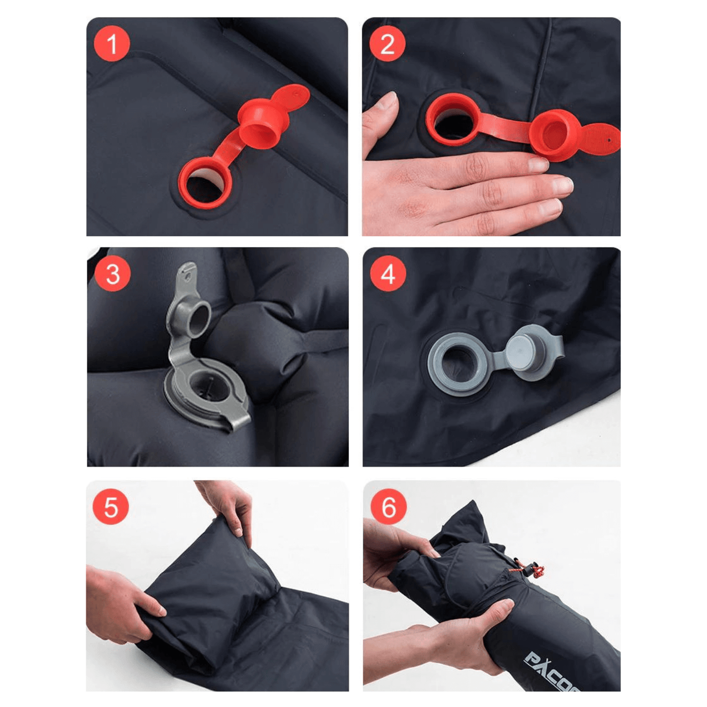 Schwarze aufblasbare Isomatte mit rotem und grauem Ventil, kompakt faltbar für Camping.