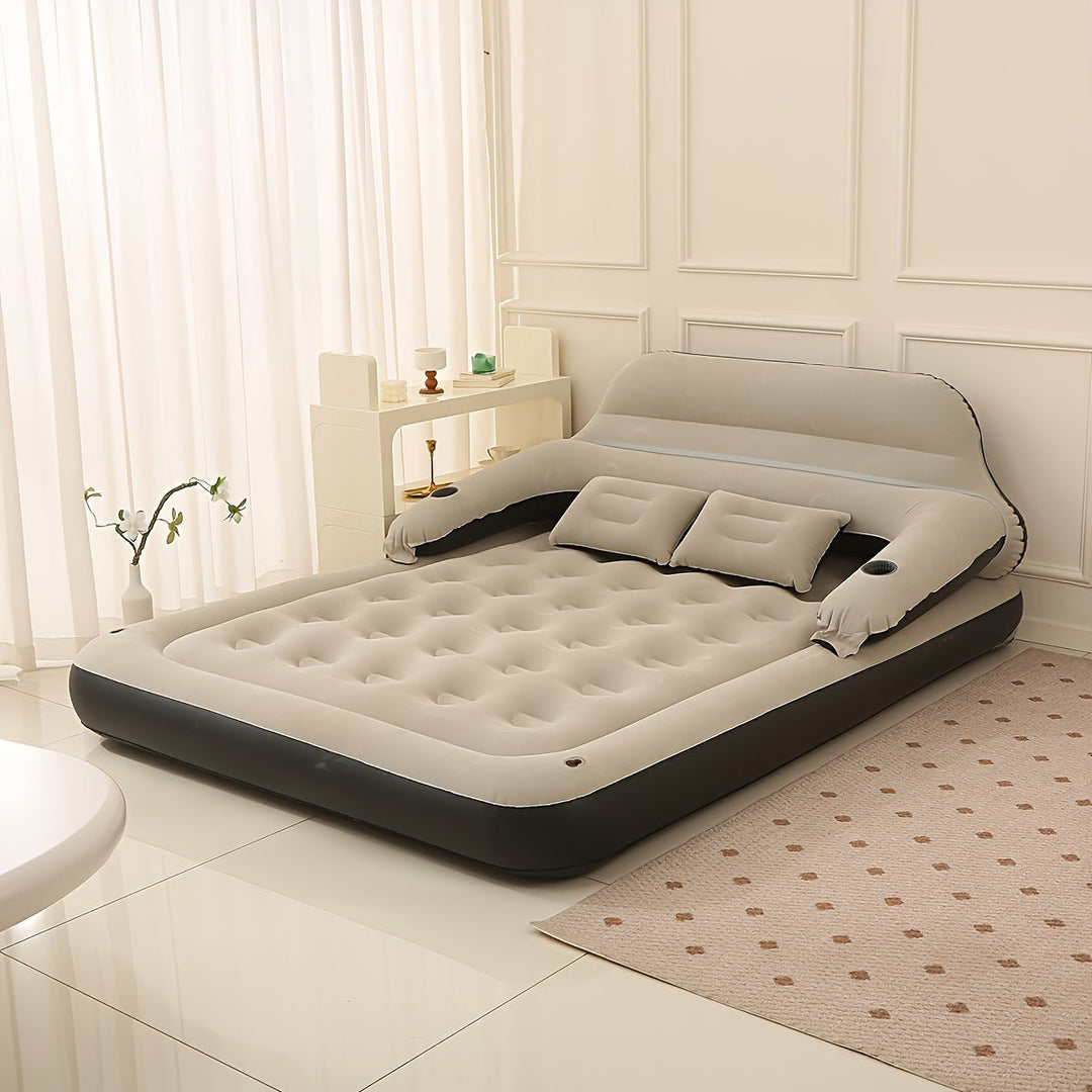 Aufblasbares Doppelbett mit Kopfstütze, graues Vinyl, ideal für Gästezimmer oder Camping.