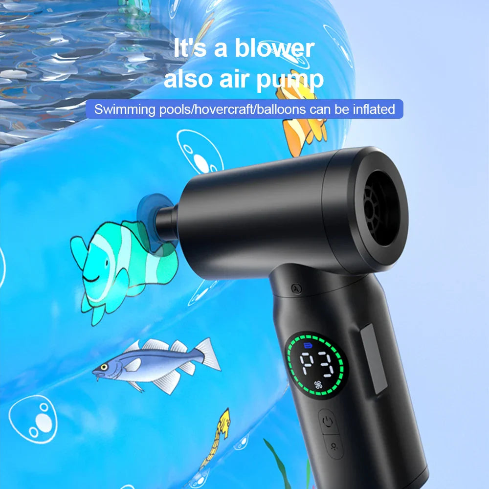 Schwarze elektrische Luftpumpe für Schwimmbecken, tragbar, digital, aufblasbar.