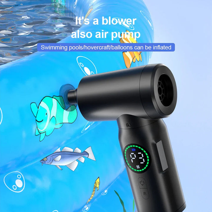 Schwarze elektrische Luftpumpe für Schwimmbecken, tragbar, digital, aufblasbar.