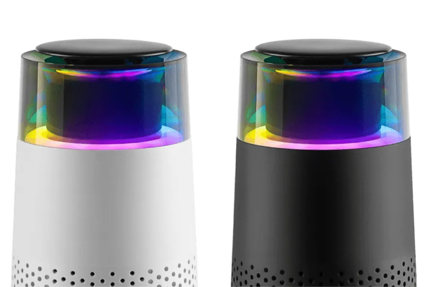 Zwei smarte Lautsprecher, weiß und schwarz, mit LED-Beleuchtung, moderne Technologie.