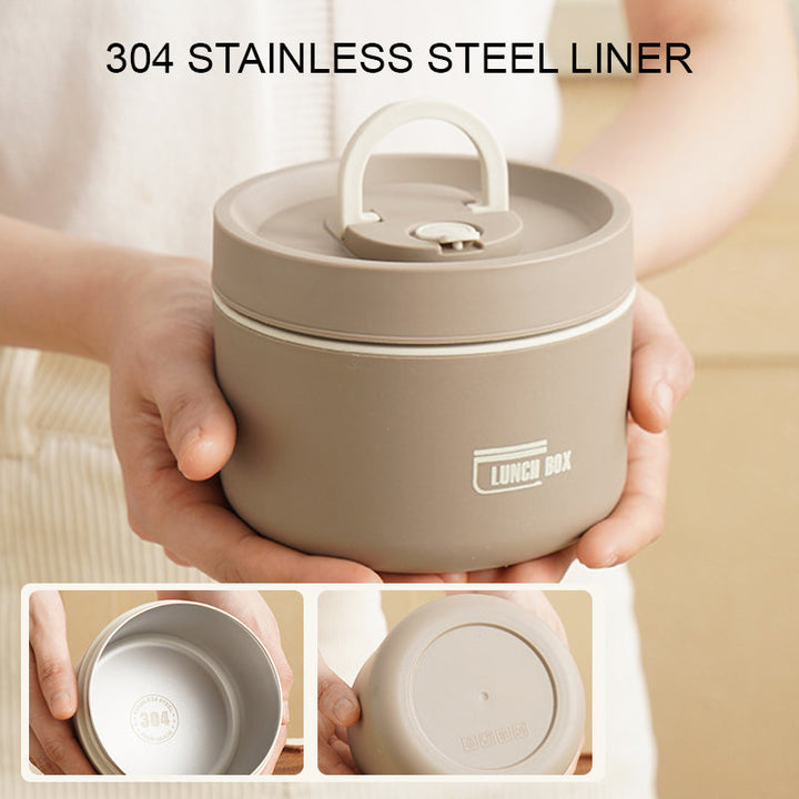 Beige Lunchbox mit 304 Edelstahl-Innenfutter, rund, tragbar, ideal für Mahlzeiten unterwegs.