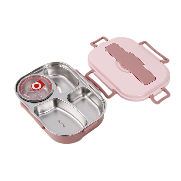 Rosa Edelstahl-Brotdose mit Fächern und Deckel, auslaufsicher, Bento-Box für Kinder.