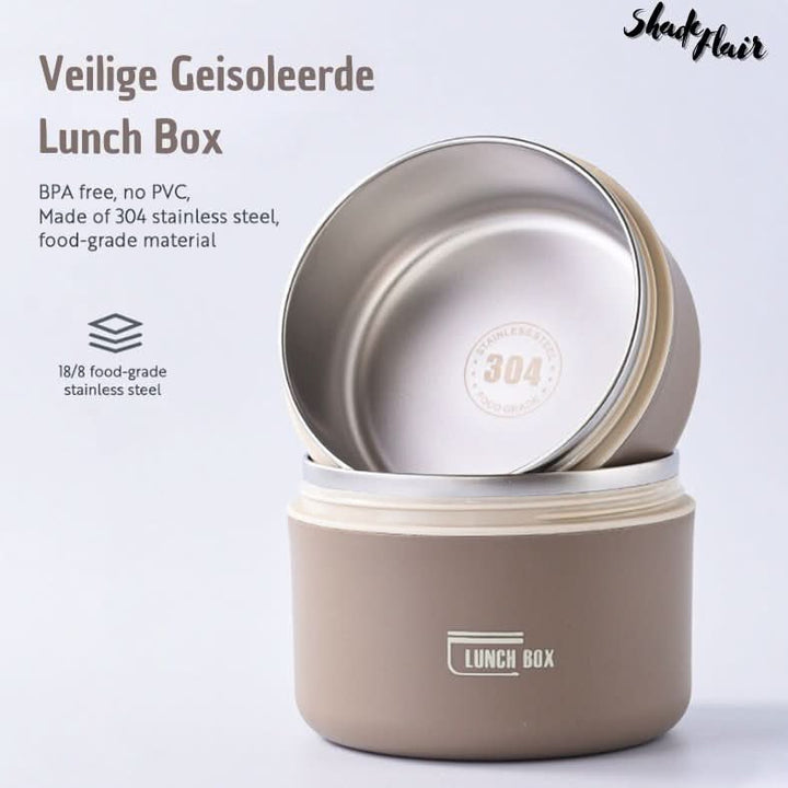 Tragbare isolierte Lunchbox aus Edelstahl, BPA-frei, beige, lebensmittelecht.
