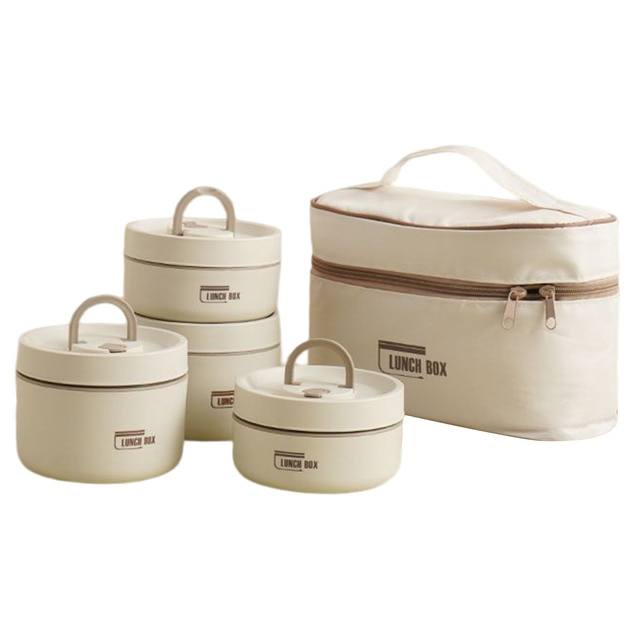 Beige Bento-Lunchbox-Set mit 4 Behältern und isolierter Tragetasche, ideal für Schule.